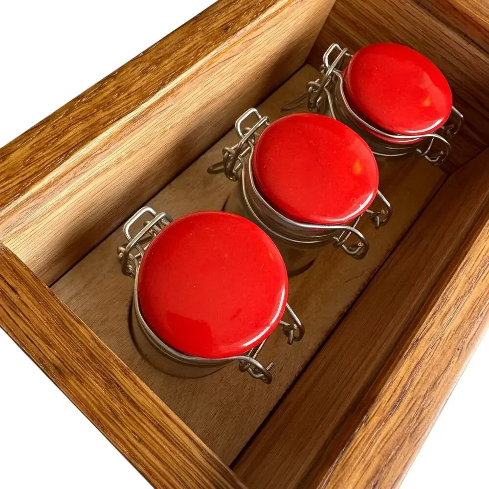 Handcrafted Wooden Stash Box with 3 Jars Brown Wood Secret Hide Herbs Brand New
